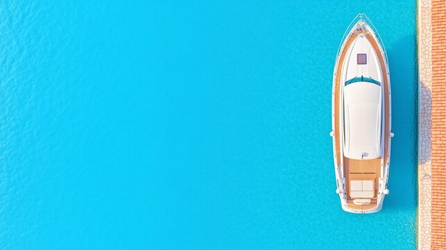 Top-down view of a boat docked in calm, clear blue water along a minimalistic pier. Ideal for travel banners, ocean-themed marketing, or vacation ads with ample copy space for text.

