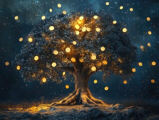 Fantasy tree adorned with magical coins representing the concept of financial investment