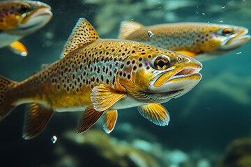 Naklejka premium A realistic photo of wild salmon swimming upstream in a river during the spawning season, showcasing their natural behavior and vibrant colors in a dynamic, flowing environment. 