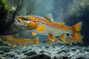 A realistic photo of wild salmon swimming upstream in a river during the spawning season, showcasing their natural behavior and vibrant colors in a dynamic, flowing environment.
