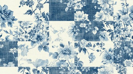 French blue floral printed fabric pattern for shabby chic home decor Rustic farmhouse cottage flower linen seamless background with patchwork quilt effect motif