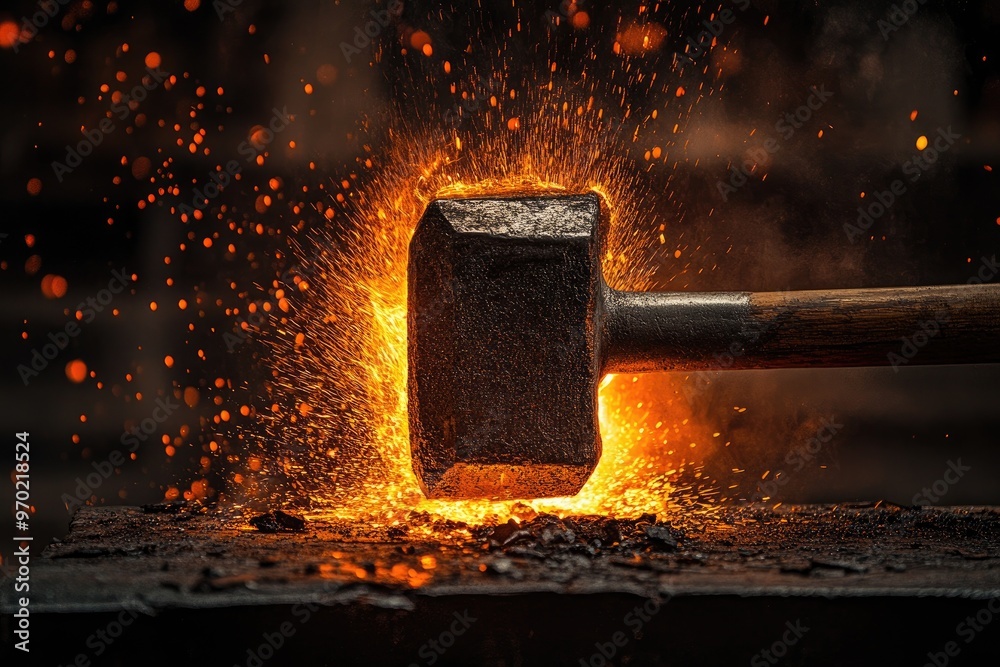 Sticker Sledgehammer Striking a Metal Anvil, Sparks Flying