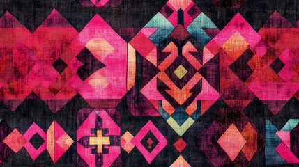 Geometric embroidery in maroon with a continuous gypsy motif Modern verdigris design featuring a deep pink summer background Tribal inspired geometric embroidery in sienna