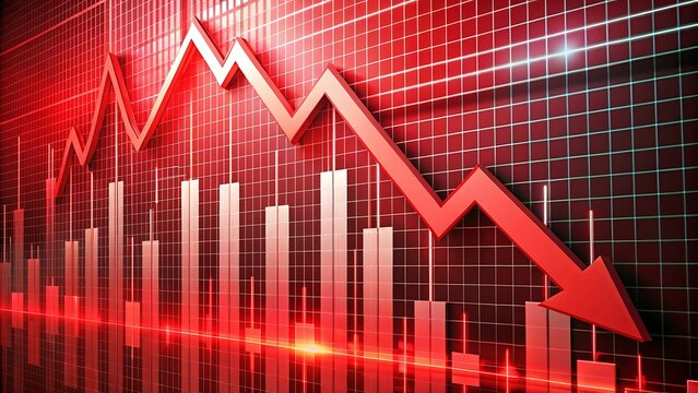 The image is a red graph with a large red arrow pointing downwards, signifying a decline in an economic or market trend, on a red grid background.  The graph is set against a red grid, and the arrow