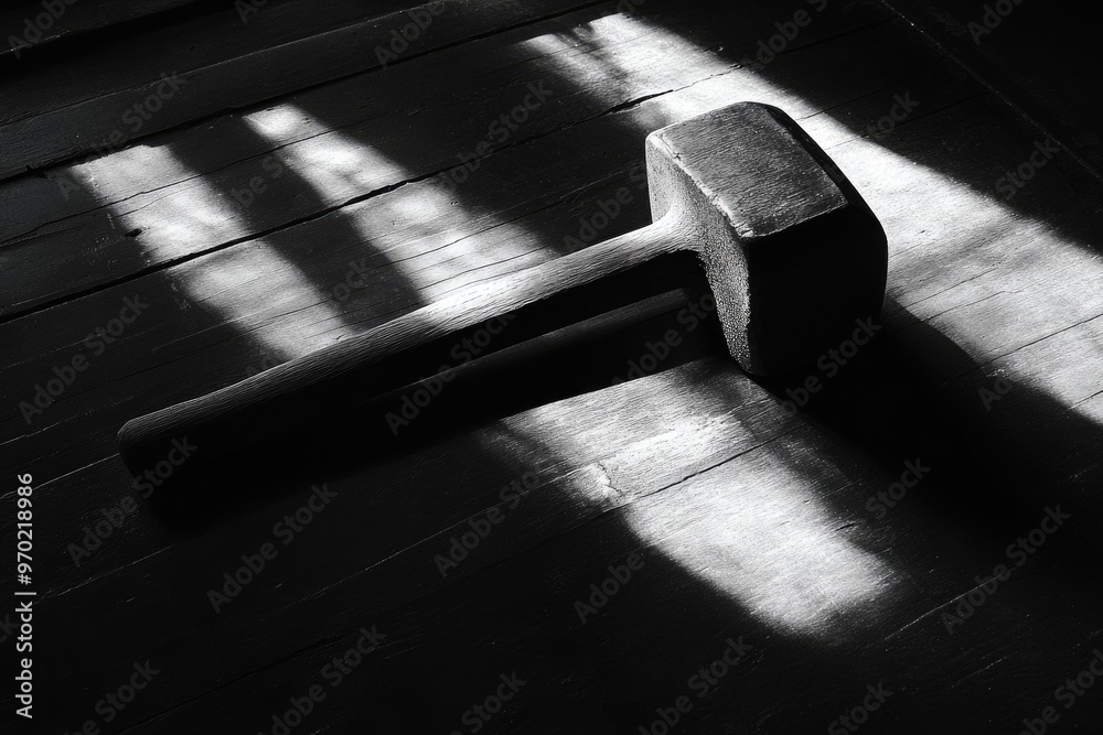 Sticker A Black Hammer Lying on a Wooden Surface with Sunlight Stripes