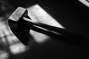 A Black and White Photo of a Hammer Lying on a Wooden Surface