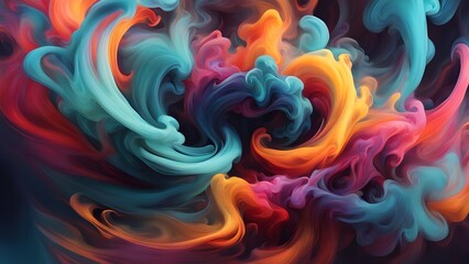 Abstract swirls of vibrant colors in blue, orange, pink and red create a dynamic and artistic design.
