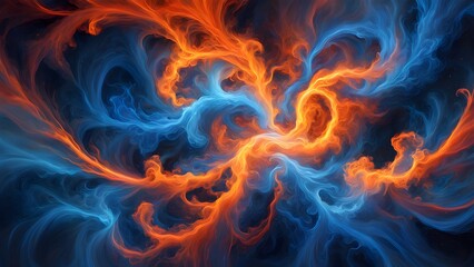 Abstract swirling blue and orange flames.