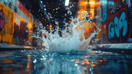 Fototapeta premium Dynamic scene of water from a pressure washer erasing graffiti from a wall, paint splatters mixing with water in mid-air, Cyberpunk, Neon colors, Cinematic angle, Urban backdrop