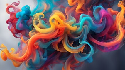 Abstract colorful smoke with swirling patterns in blue, yellow, red, and purple against a white background.