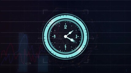Animation of digital data processing and clock over black background - Powered by Adobe