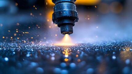 Extreme close-up of a nozzle emitting a high-pressure water stream, powerfully cleaning a floor, precise and intense cleaning process, droplets in motion