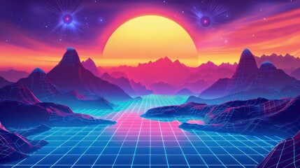 A digital landscape with mountains and a bright sun in the sky. A grid pattern in the foreground with a glowing blue and pink color scheme.
