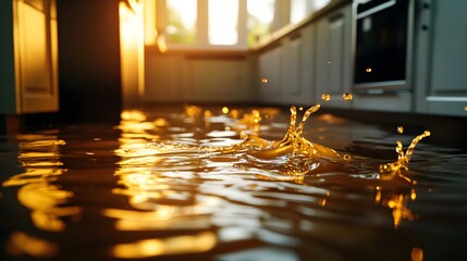 A kitchen floor submerged in muddy floodwater, splashes creating chaotic patterns, representing insurance claims aftermath, watercolor style, muted tones, soft lighting