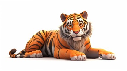 Obraz premium A friendly cartoon tiger with orange and black stripes lies down on a white background.