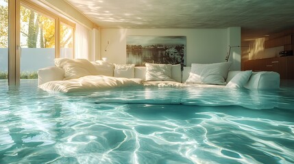 Obraz premium A modern living room partially submerged in clear water, with furniture floating, cushions soaked, and light filtering through the surface, calm yet eerie