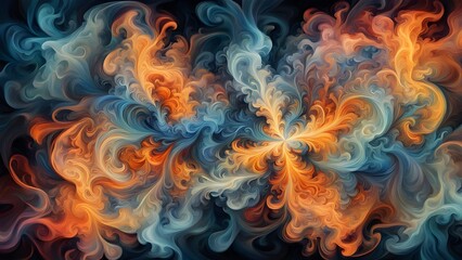 Abstract digital art with swirling patterns in blue, orange and yellow hues.