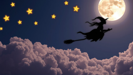 Halloween background with a witch flying over the moon and stars