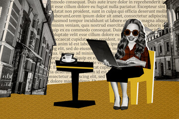 Composite photo collage of happy girl sit outdoors lunch cafe surf laptop freelance worker city...