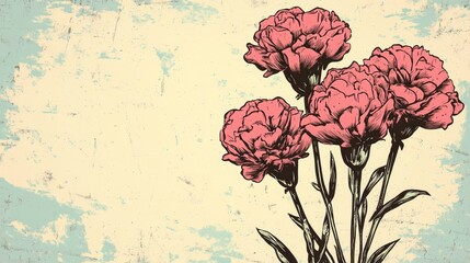 Retro illustration of a bouquet of pink carnations on a blank background perfect for a variety of celebrations and meaningful occasions