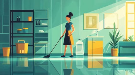 Cleaning service focused on maintaining cleanliness in residential and commercial spaces Features organizational logo business card for service promotion and branding 2D cartoon illustration in fl