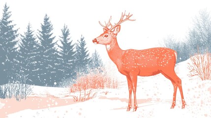 Coloring book illustration of a female red deer in a snowy forest setting Wildlife scene featuring an animal