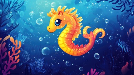 Obraz premium Charming 2D cartoon illustration of a playful sea horse perfect for vibrant and whimsical designs