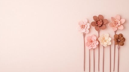 Obraz premium Flat lay of decorative pink and beige flower hairpins on pastel background. Fashion accessories for women's hairstyle and hair decoration isolated on pink background.