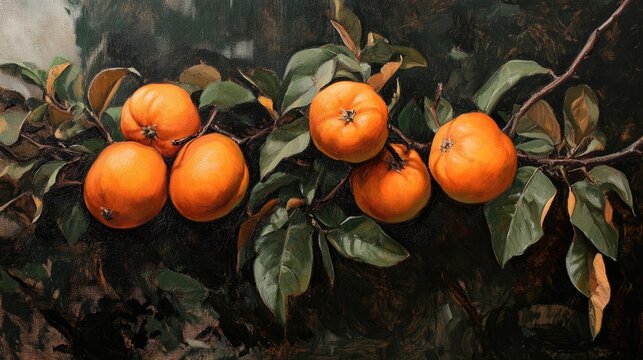 Oil painting depicting Fuyu Persimmon a Japanese cultivar characterized by its depressed globose fruit that matures from yellow to orange and is nonastringent