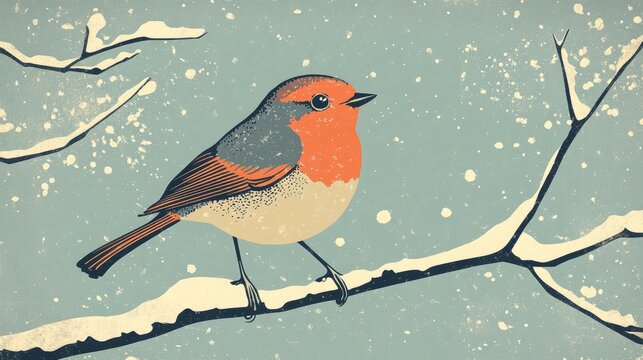 Charming illustration of a cute redbreast perched on a branch in a serene winter setting