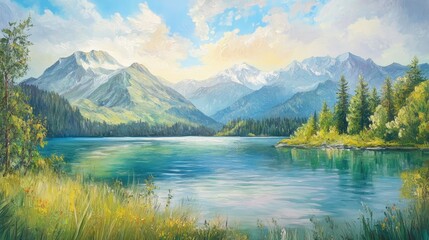 Vibrant oil painting depicting a summer panorama of a scenic lake with majestic mountains in the background showcasing a beautiful outdoor scene in a natural reserve within the Alps