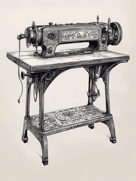 recommend clip art: Line art illustration of a vintage sewing machine in a detailed line drawing style