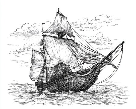 recommend clip art: Line art illustration of a damaged ancient sailing ship in sketch style featuring a hand drawn engraving imitation