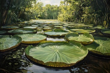 Oil painting showcasing large lily leaves in a wetland setting highlighting the natural beauty of swamp vegetation