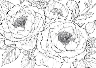 Line art illustration featuring peonies roses and forget me nots designed for children s coloring activities suitable for various coloring mediums like watercolors and markers