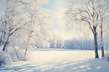 Oil painting of icy white branches and trees in a serene winter park showcasing frost and sunlight in a chilly landscape