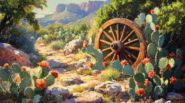Vibrant oil painting featuring an outdoor landscape with a variety of cacti and a rustic wagon wheel