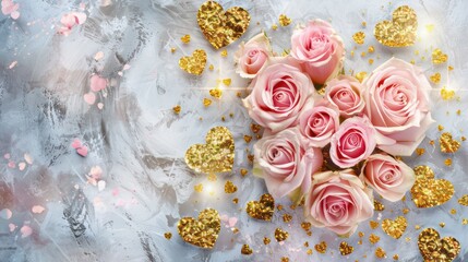 Pink roses and golden glitter hearts on a gray background.