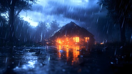 A home crushed under massive fallen trees, shattered glass and furniture litter the ground, heavy rain, cinematic lighting, cyberpunk influence, digital art