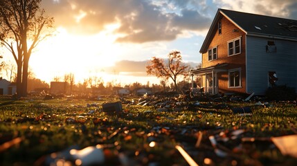 A home in ruins after a natural disaster, with debris strewn across the once-tidy yard, 3D render,...