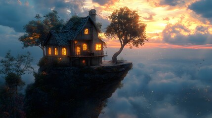 Obraz premium A home precariously balanced on the edge of a cliff, trees tilted dangerously towards it, surreal landscape, dramatic lighting, fantasy realism, vibrant colors