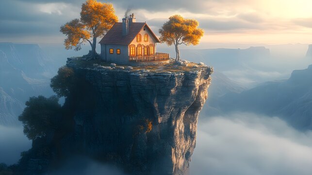 A home precariously balanced on the edge of a cliff, trees tilted dangerously towards it, surreal landscape, dramatic lighting, fantasy realism, vibrant colors