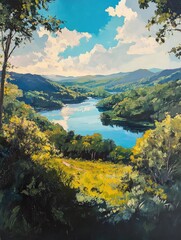 Oil painting depicting a serene landscape of multiple lakes surrounded by lush nature in a national park setting