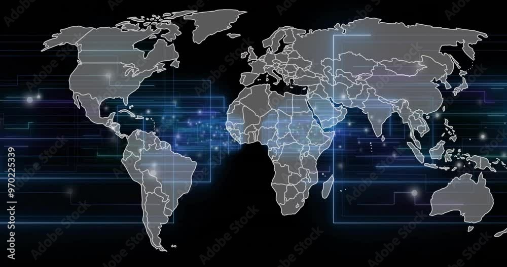 Poster Animation of digital data processing with world map over black background