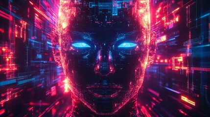 Digital Face with Glowing Red and Blue Lines