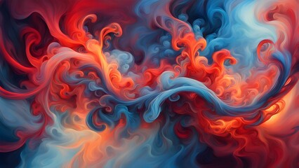 Abstract swirling red, orange, and blue smoke like clouds against a dark background.