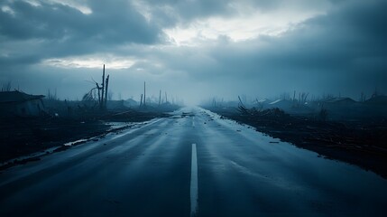 A once-peaceful neighborhood devastated by a natural disaster, homes in ruins, streets littered with broken branches and wreckage, a haunting post-apocalyptic scene
