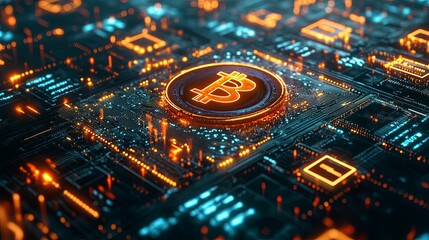 Glowing Bitcoin Symbol on a Circuit Board