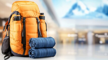 A backpack with a blue and orange blanket and a bottle on top of it