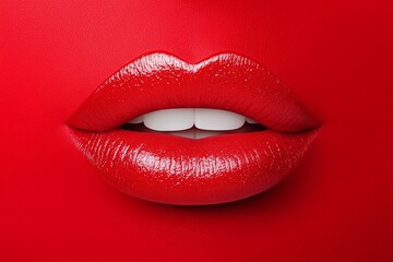 Fototapeta premium Vibrant close-up of red glossy lips against a bold red background. Ideal for beauty product promotions, cosmetics ads, or fashion banners with room for text and striking visual appeal.